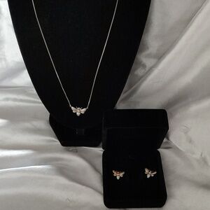 Bee Necklace And Earrings Set In 14k, 925 Silver And Real Natural Diamonds